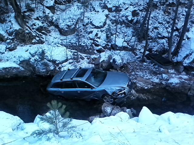 Slippery roads in Spearfish Canyon contributed to this Audi ending up in the creek. 





